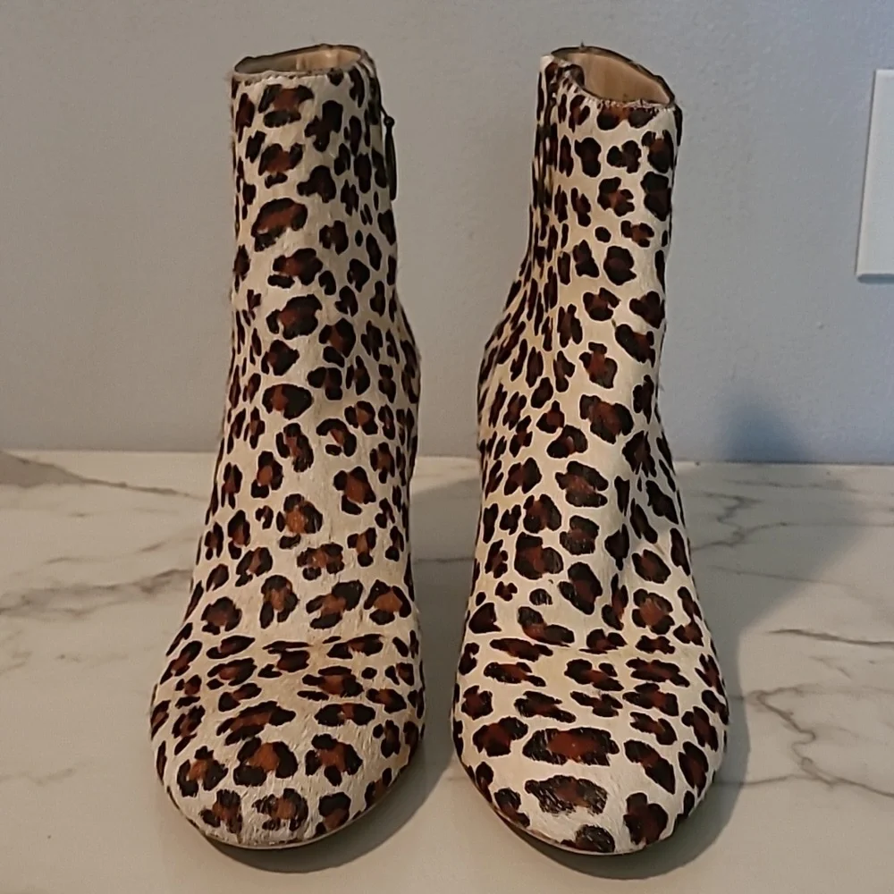 ABLE Leather Calfhair Leopard Print Chucky Block Heels Ankle Boots Booties Wmn 9